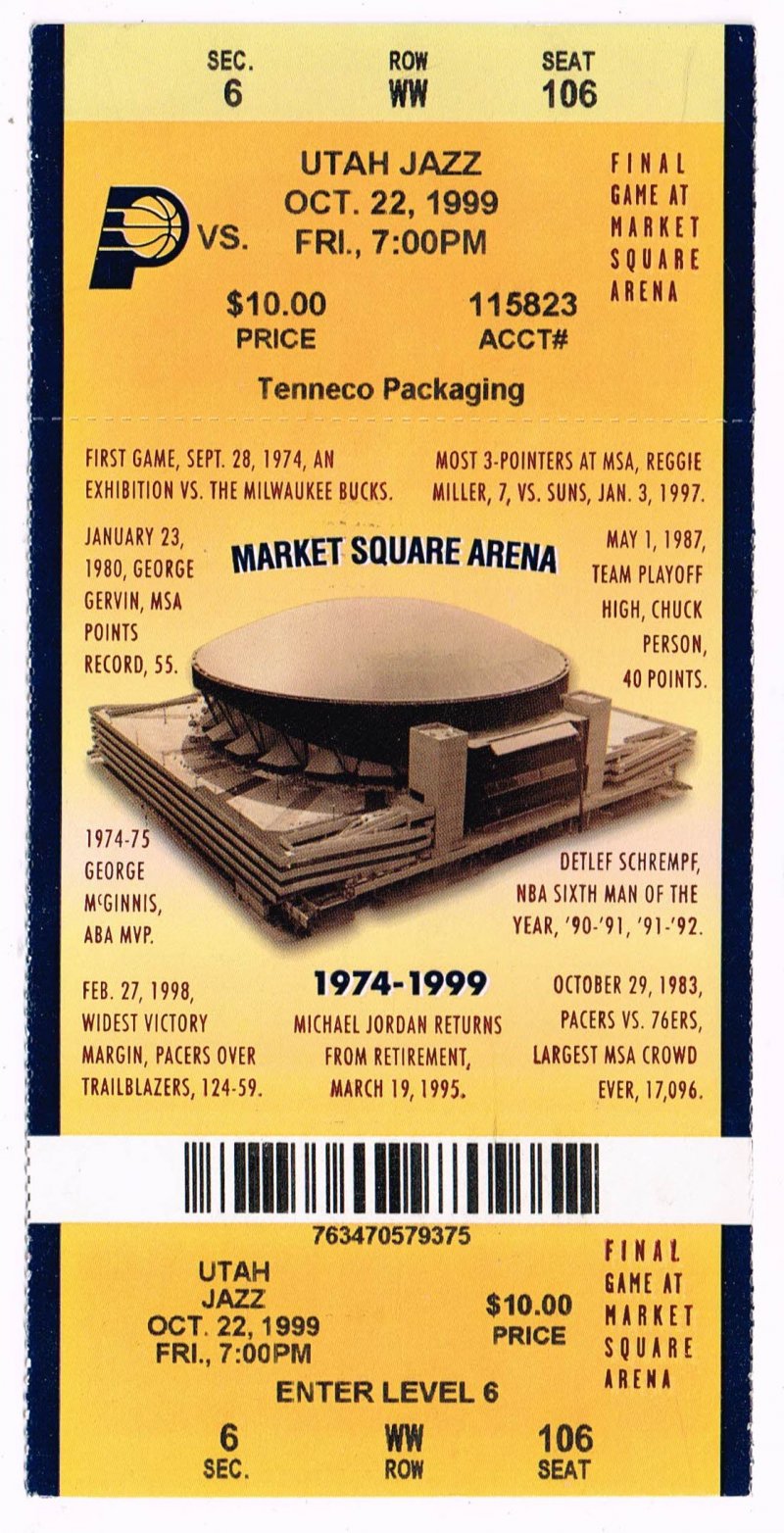 Image 0 of 1999 Indiana Pacers Final Game at Market Square Arena Full Unused Season ticket