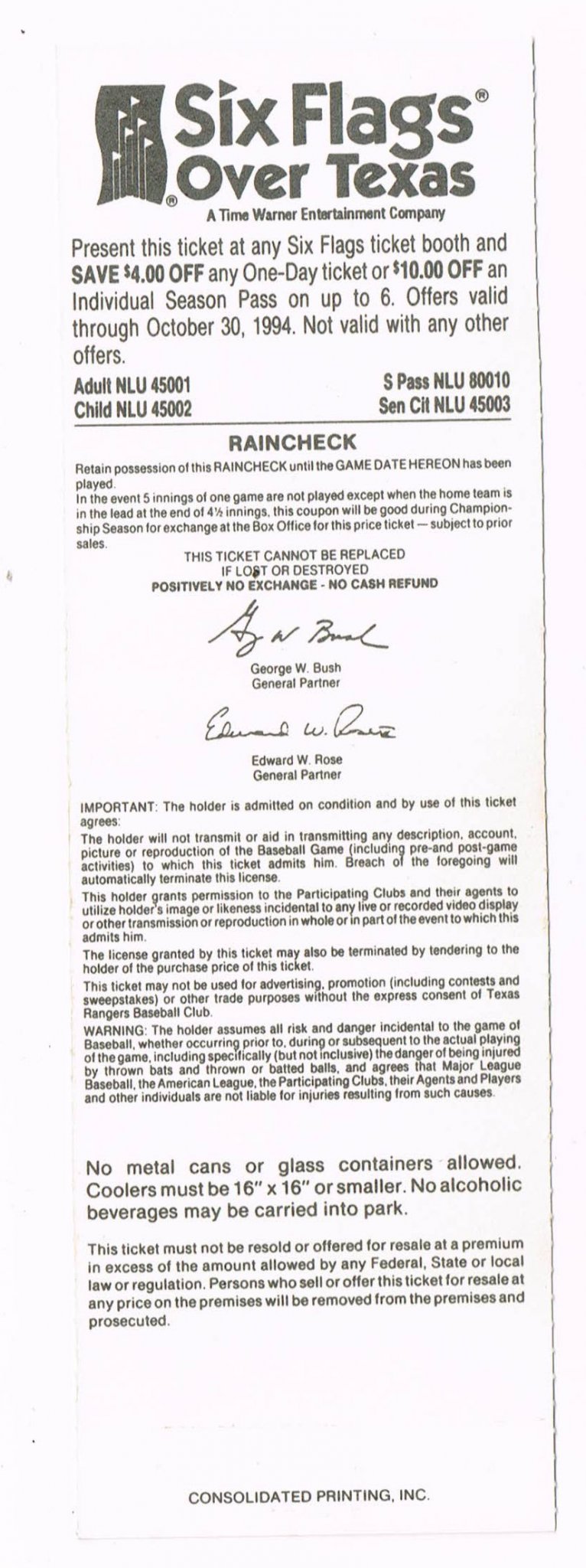 Image 1 of 1994 Texas Rangers Opening Day Full Unused Ticket Inaugural Game At The Ballpark