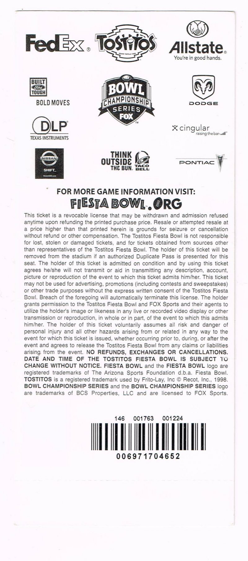 Image 1 of 2007 Fiesta Bowl Game Full Unused Ticket Boise State Oklahoma Rare VHTF