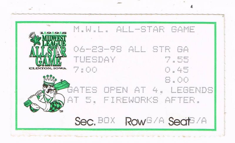 Image 0 of 1998 Midwest League All Star Game Ticket Stub Clinton Lumberjacks
