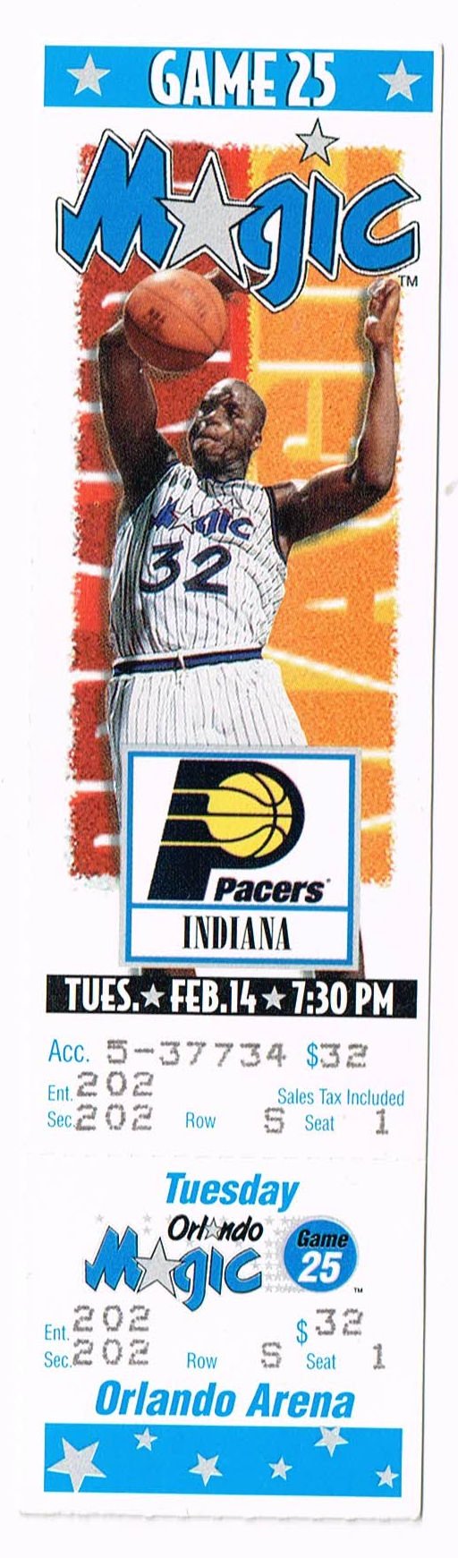Image 0 of 1994-1995 NBA regular Season Full Unused Ticket Feb 14th 2 14 95 Pacers @ Magic