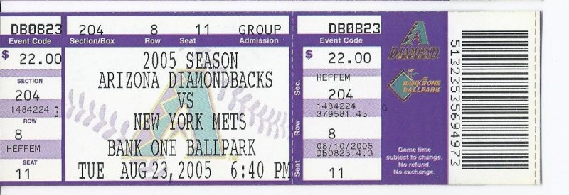 Image 0 of 2005 New York Mets @ Arizona Diamondbacks Full Unused ticket August 23rd