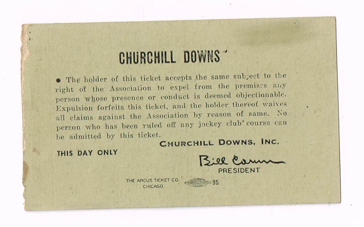 Back of a green 1952 Kentucky Derby general admission ticket stub featuring Arcus Ticket Co printing and Churchill Downs legal text with a torn right edge