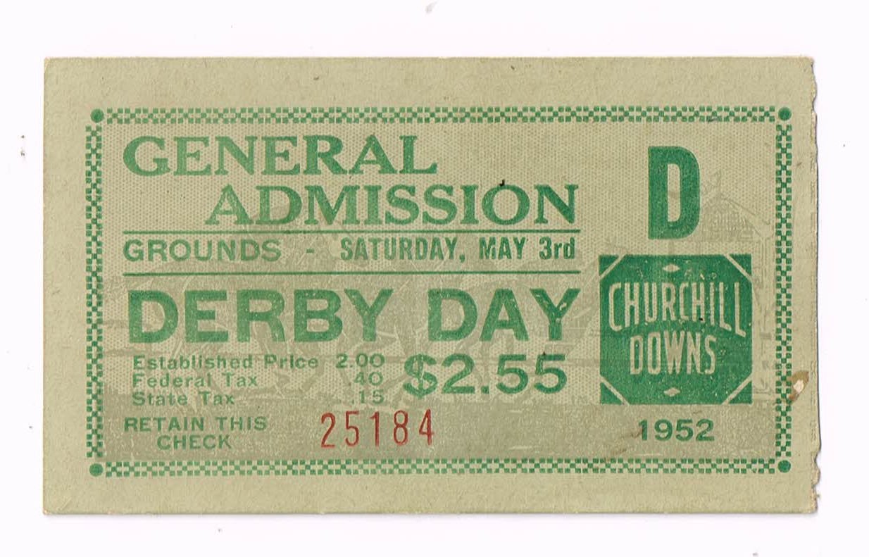 Front of a green 1952 Kentucky Derby general admission ticket stub with a checkered border, priced at 2.55 dollars, and numbered 25184