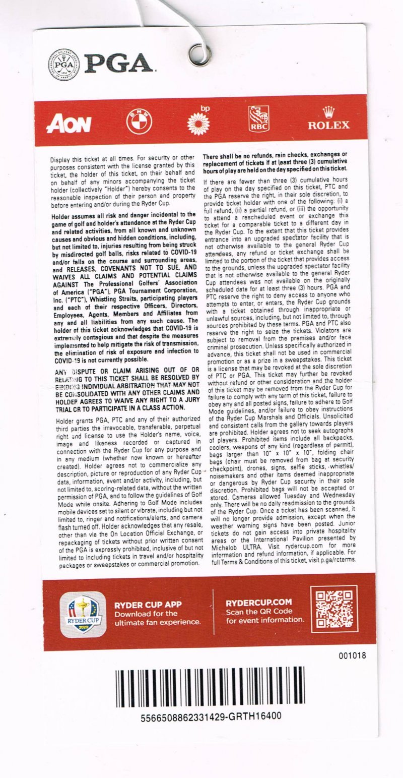 Image 1 of 2021 Ryder Cup ticket Thursday September 23 practice Round Europe Winner