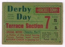 1944 Kentucky Derby Ticket Stub Churchill Downs Pensive Winner Vintage Racing