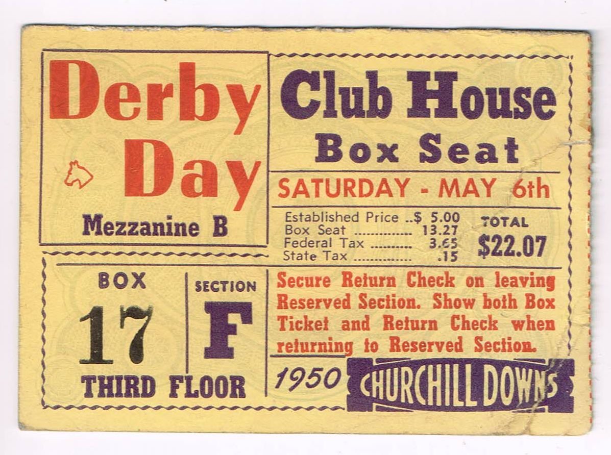 Front face of a yellow 1950 Kentucky Derby Club House Box Seat ticket stub with bold red Derby Day text and purple lettering for Box 17