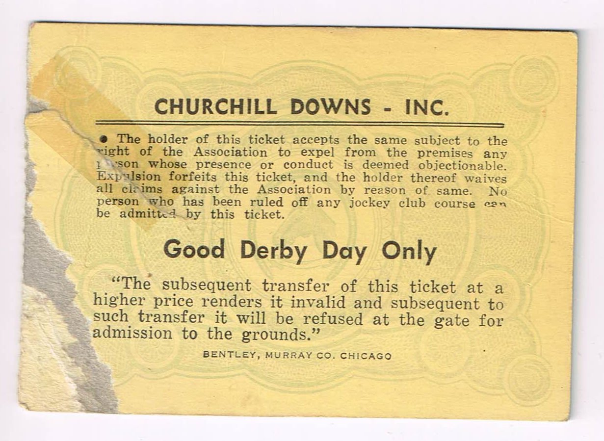 Back of a yellow 1950 Kentucky Derby ticket stub showing a green security watermark circle and a prominent patch of paper skinning along the left edge