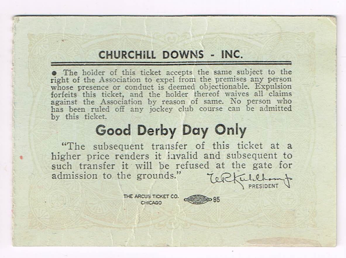 Back of the 1960 Kentucky Derby ticket stub showing Churchill Downs Inc. terms and a printed signature of Bill Corum