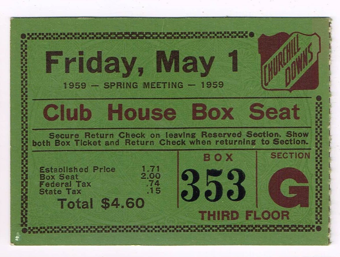 Front face of an olive green 1959 Kentucky Oaks ticket stub from Churchill Downs for a Clubhouse box seat on May 1, 1959