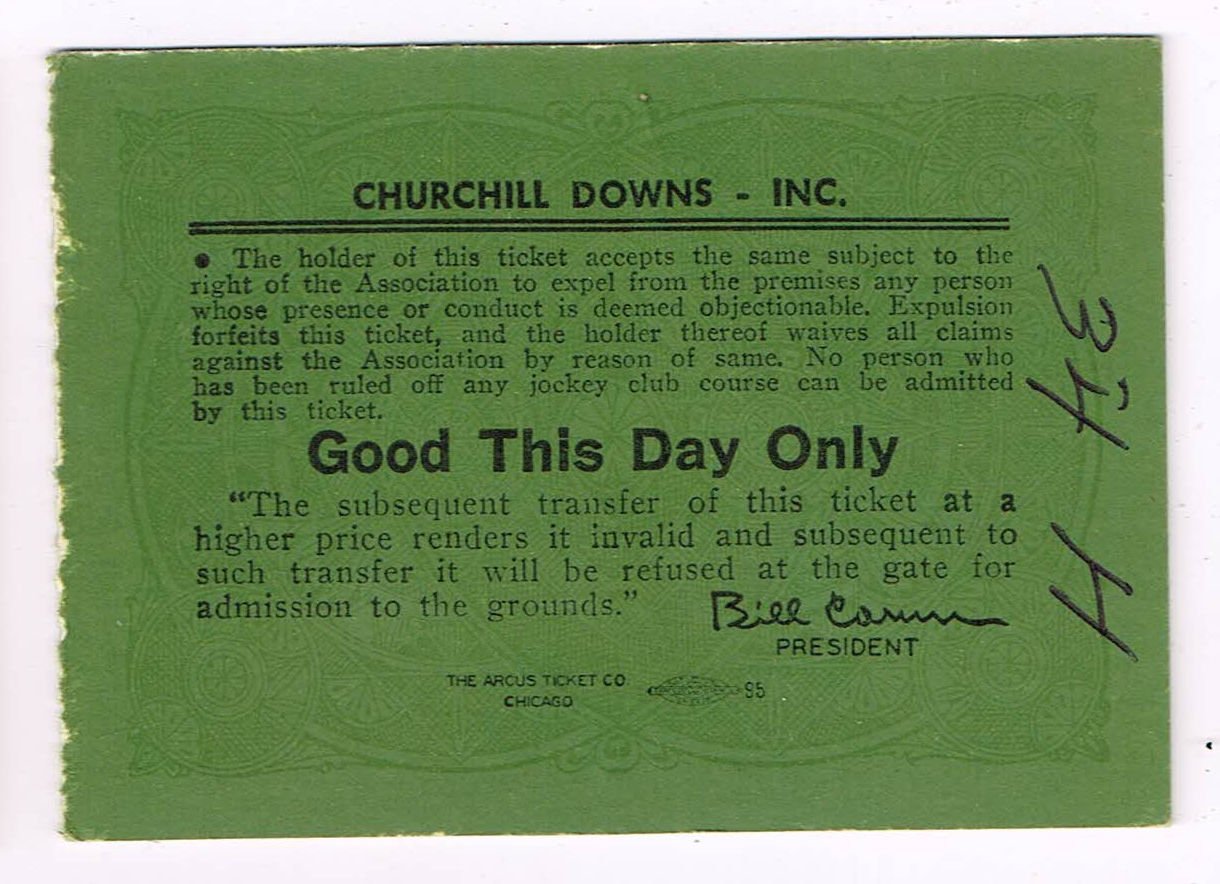 Back of the 1959 Kentucky Oaks ticket stub showing Churchill Downs Inc. terms and a printed signature of Bill Corum.