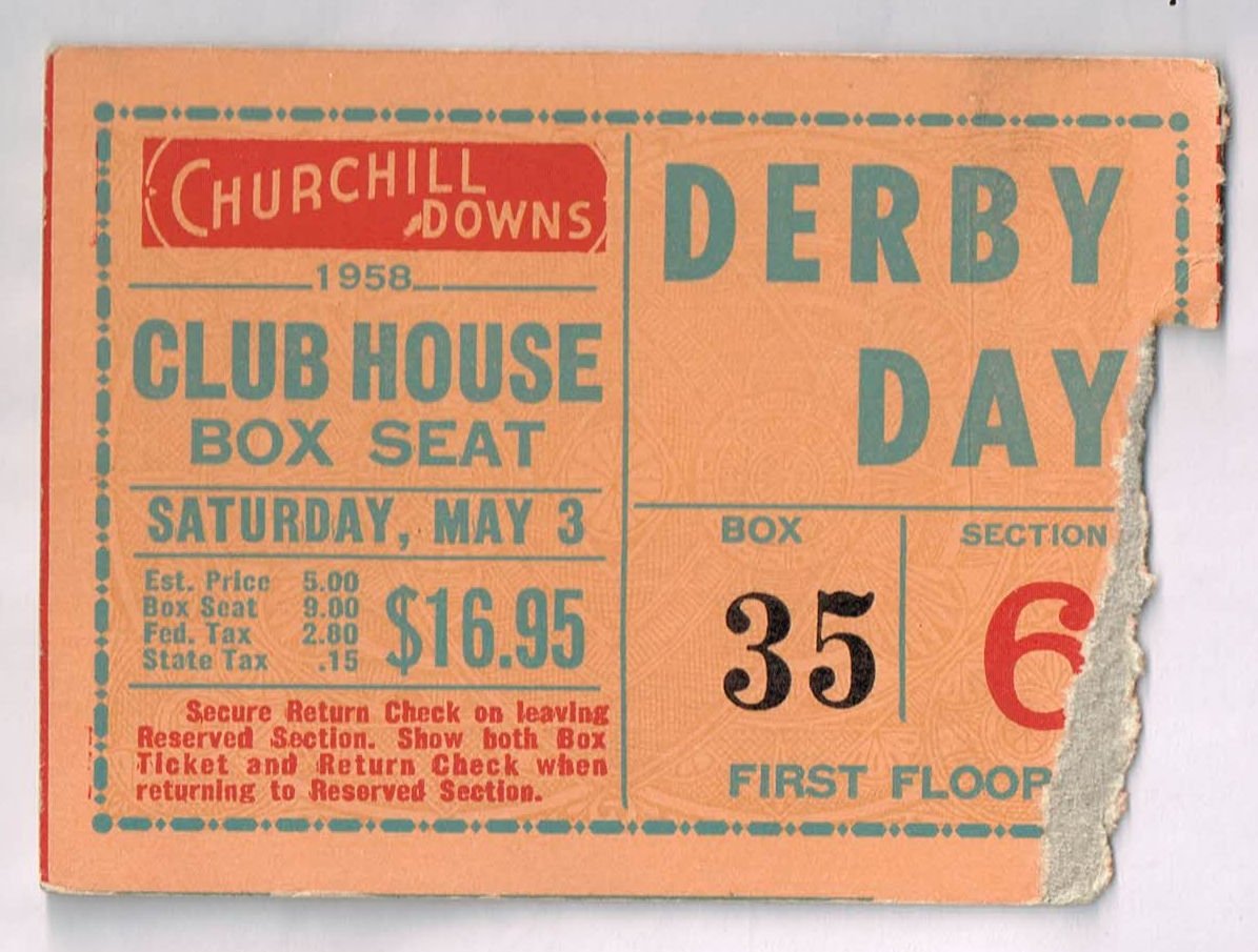 Front of an official 1958 Kentucky Derby ticket stub for a Club House Box Seat on Saturday, May 3, 1958, showing a price of 16.95