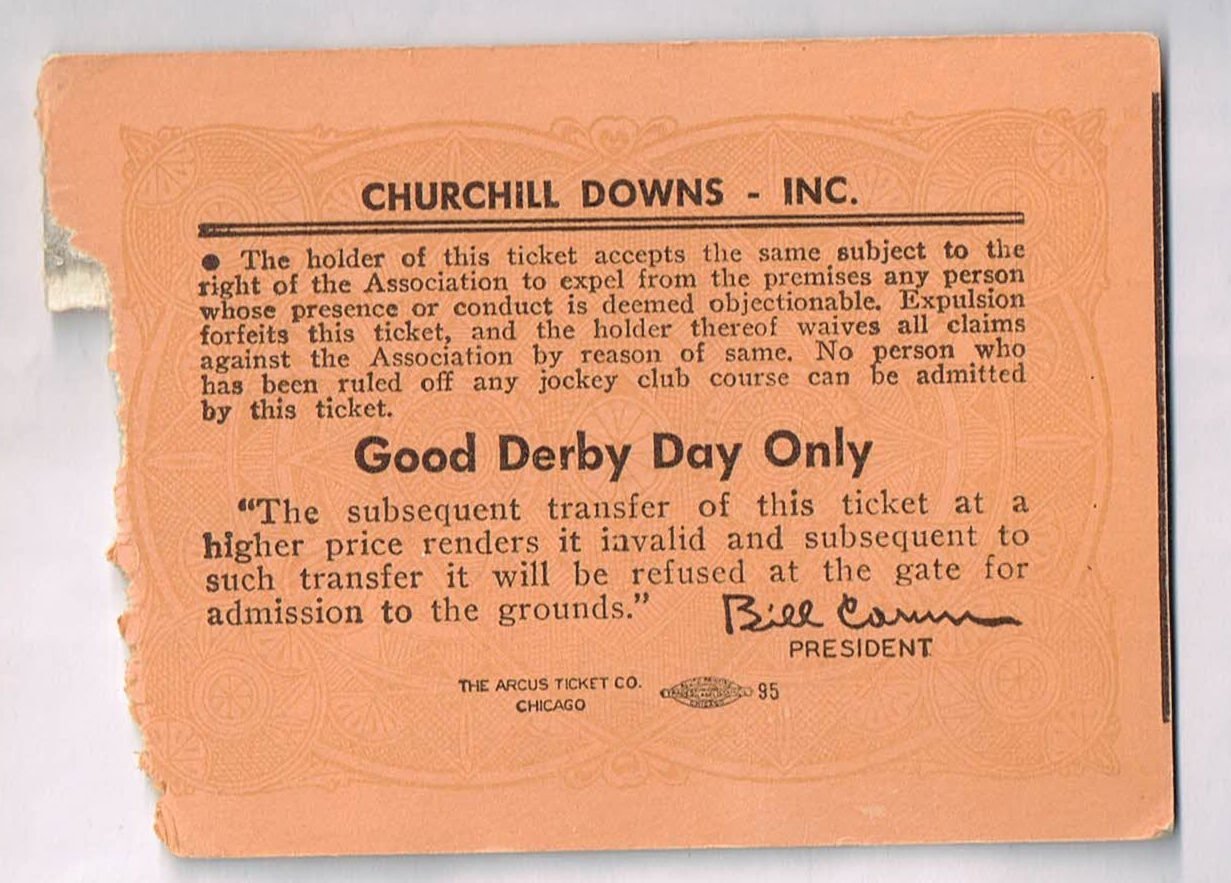 Back of the 1958 Kentucky Derby ticket stub displaying conditions of admission from Churchill Downs Inc. and a Bill Corum signature
