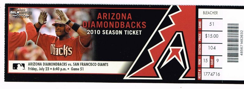 Image 0 of Kelly Johnson Hit For Cycle Full Unused Season Ticket 7 23 2010