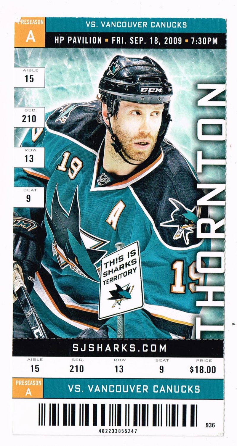 Image 0 of 2009 San Jose Sharks Preseason Game A Ticket Vancouver Canucks Sept 18th