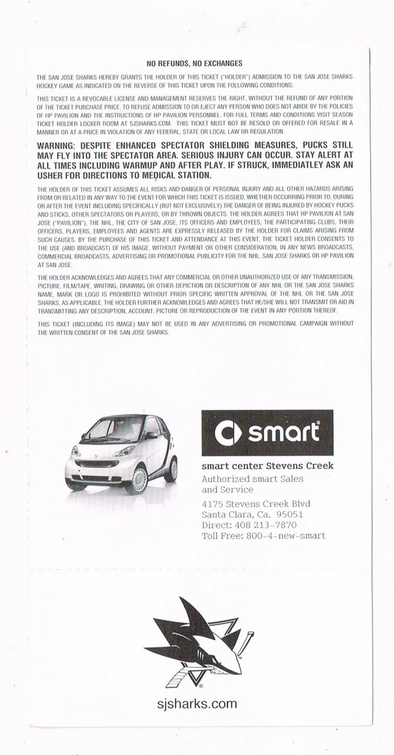 Image 1 of 2009 San Jose Sharks Preseason Game A Ticket Vancouver Canucks Sept 18th