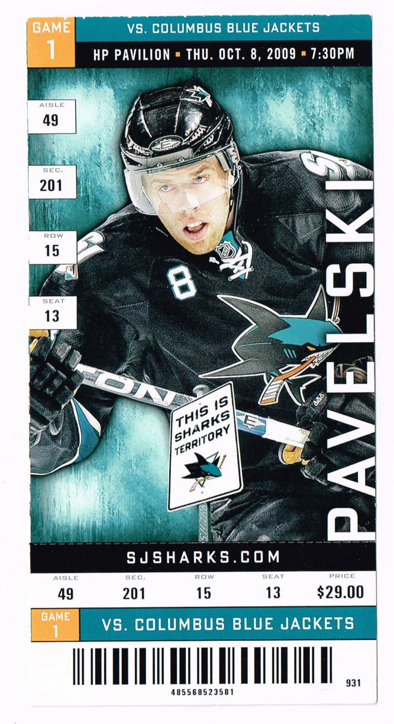 Image 0 of 2009 NHL Regular Season Ticket Columbus Blue Jackets @ San Jose Sharks Oct 8th