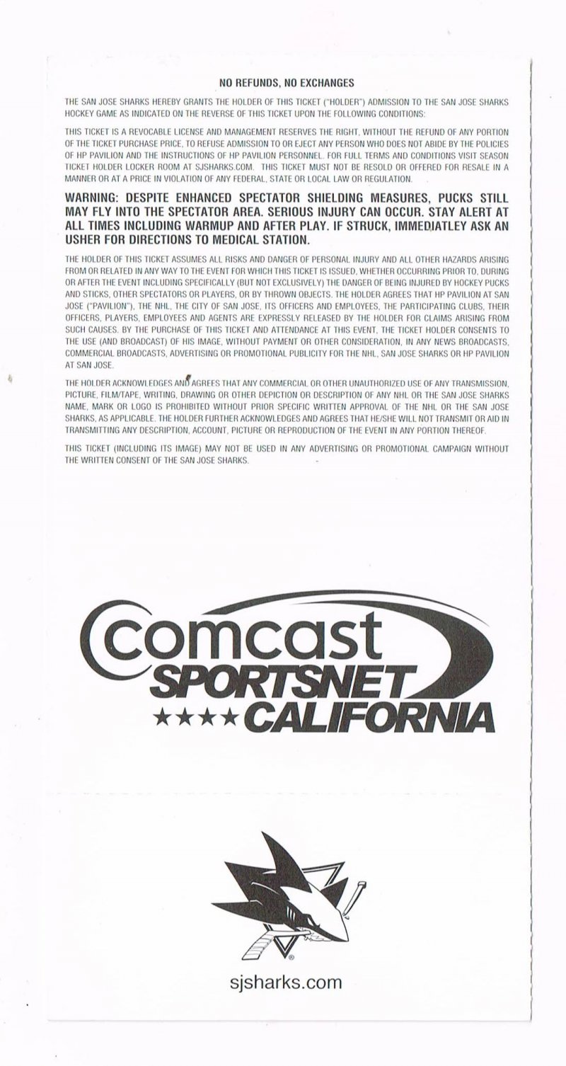 Image 1 of 2009 NHL Regular Season Ticket Columbus Blue Jackets @ San Jose Sharks Oct 8th