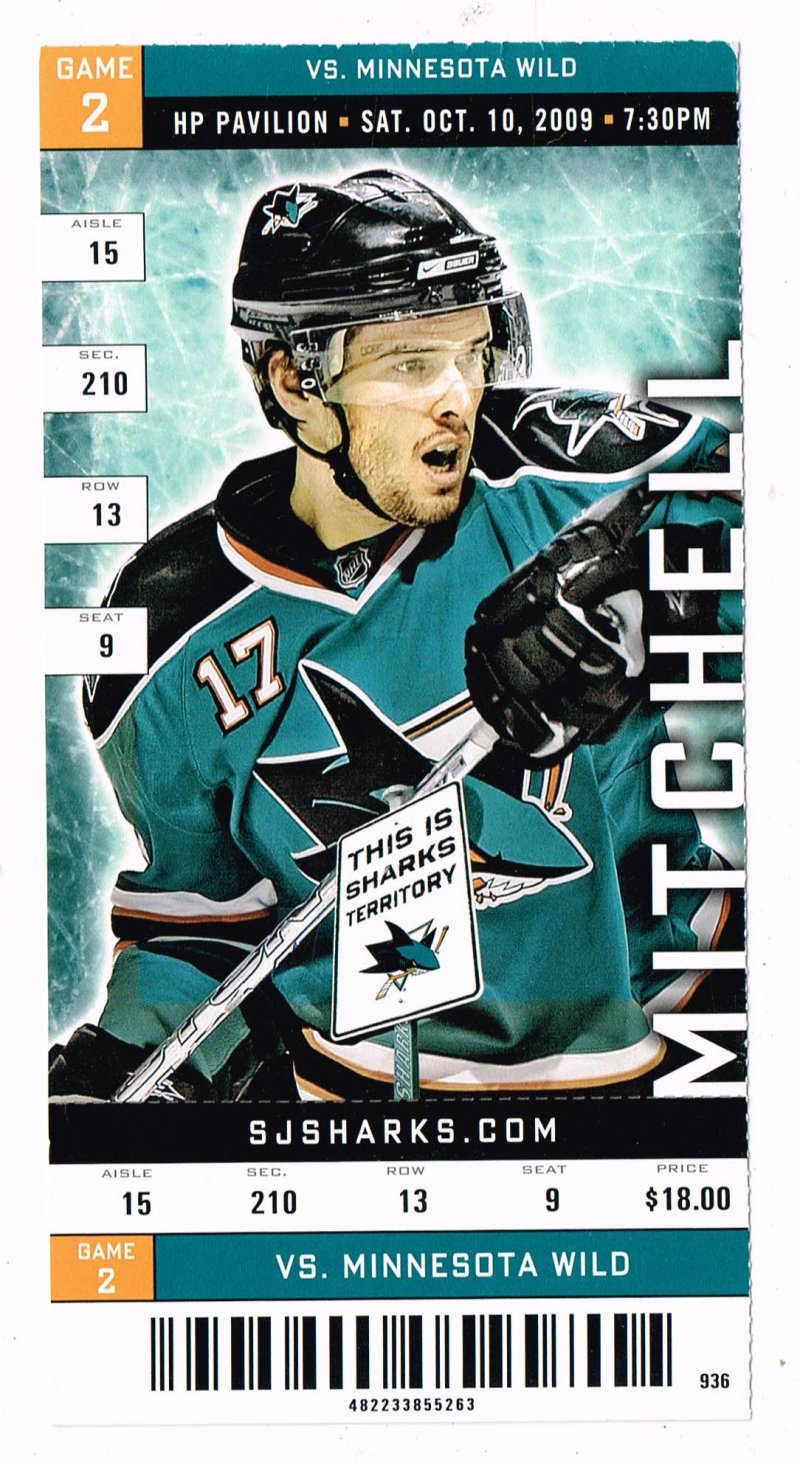 Image 0 of 2009 NHL Regular Season Ticket Minnesota Wild @ San Jose Sharks Oct 10th
