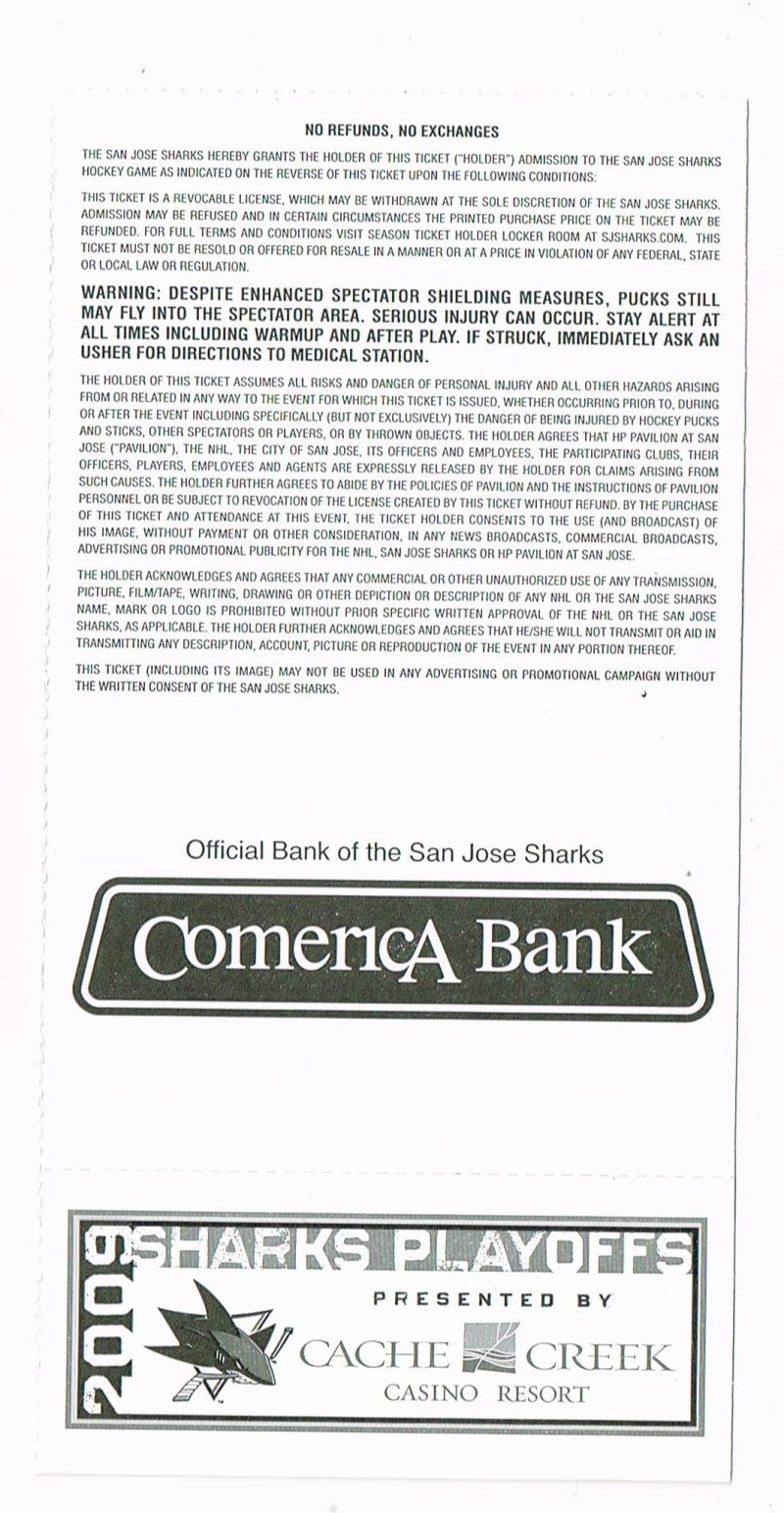 Image 1 of 2009 NHL Stanley Cup Playoffs Season Ticket Red Wings @ Sharks Round 2 Game 1