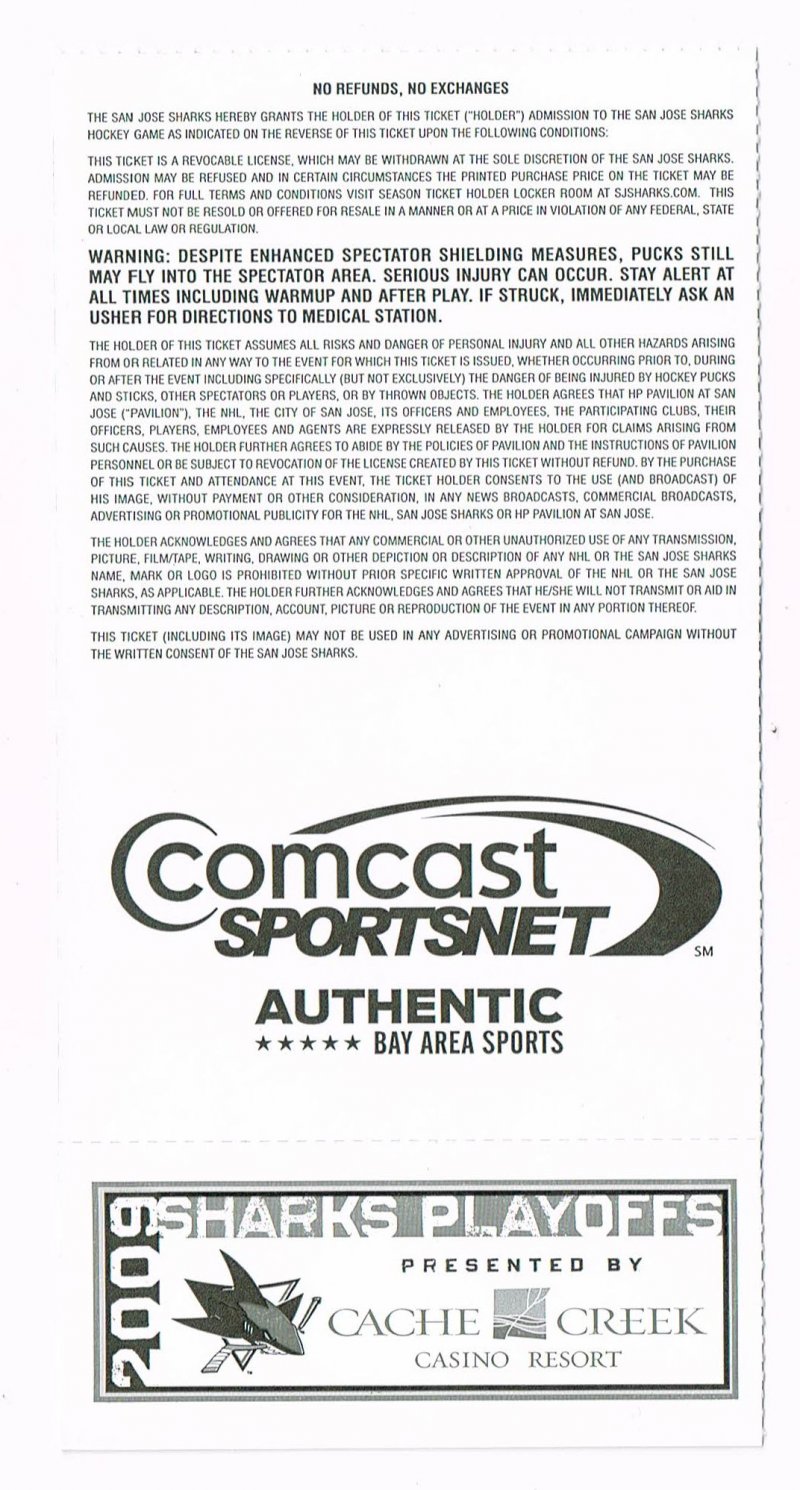 Image 1 of 2009 NHL Stanley Cup Playoffs Phantom Ticket Red Wings @ Sharks Round 2 Game H