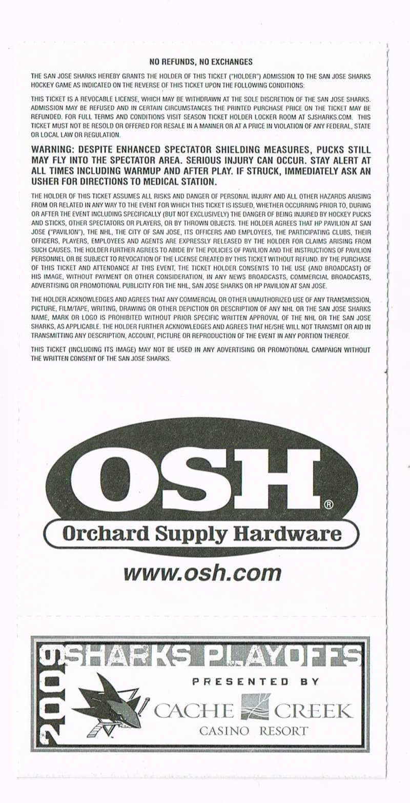 Image 1 of 2009 NHL Stanley Cup Finals Phantom Ticket Sharks Round 4 Game N