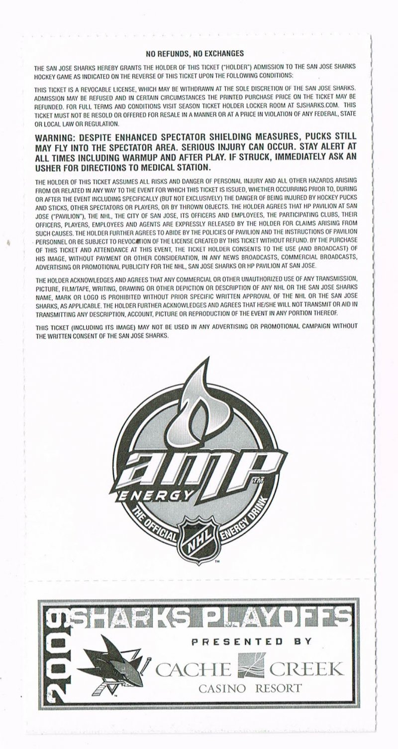 Image 1 of 2009 NHL Stanley Cup Finals Phantom Ticket Sharks Round 4 Game O