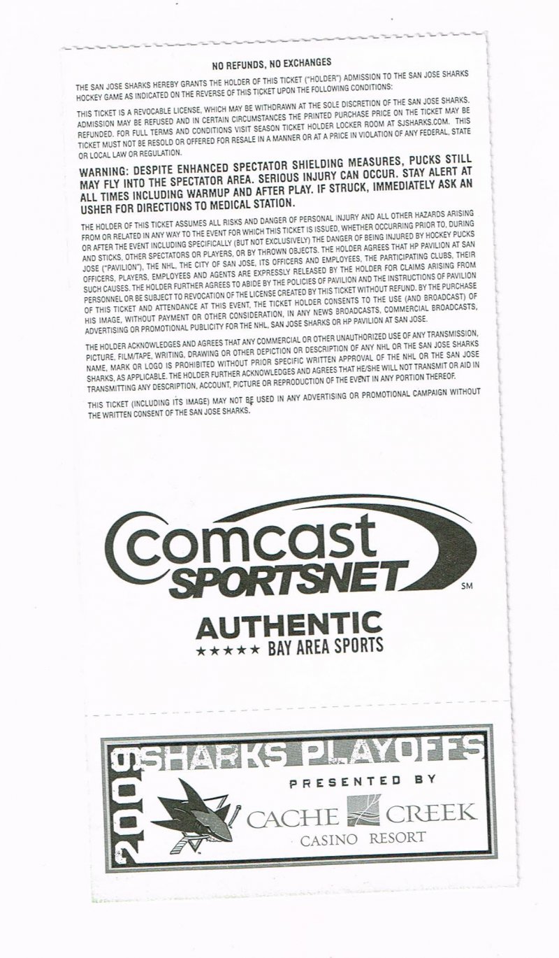 Image 1 of 2009 NHL Stanley Cup Finals Phantom Ticket Sharks Round 4 Game P