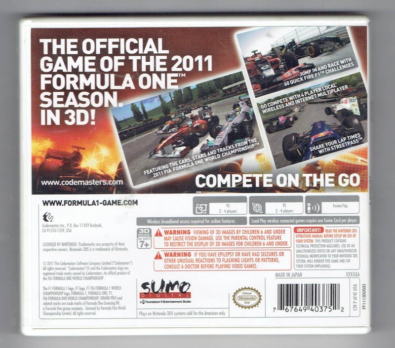 Image 1 of F1 2011 Formula 1 Nintendo 3DS Game Case ONLY