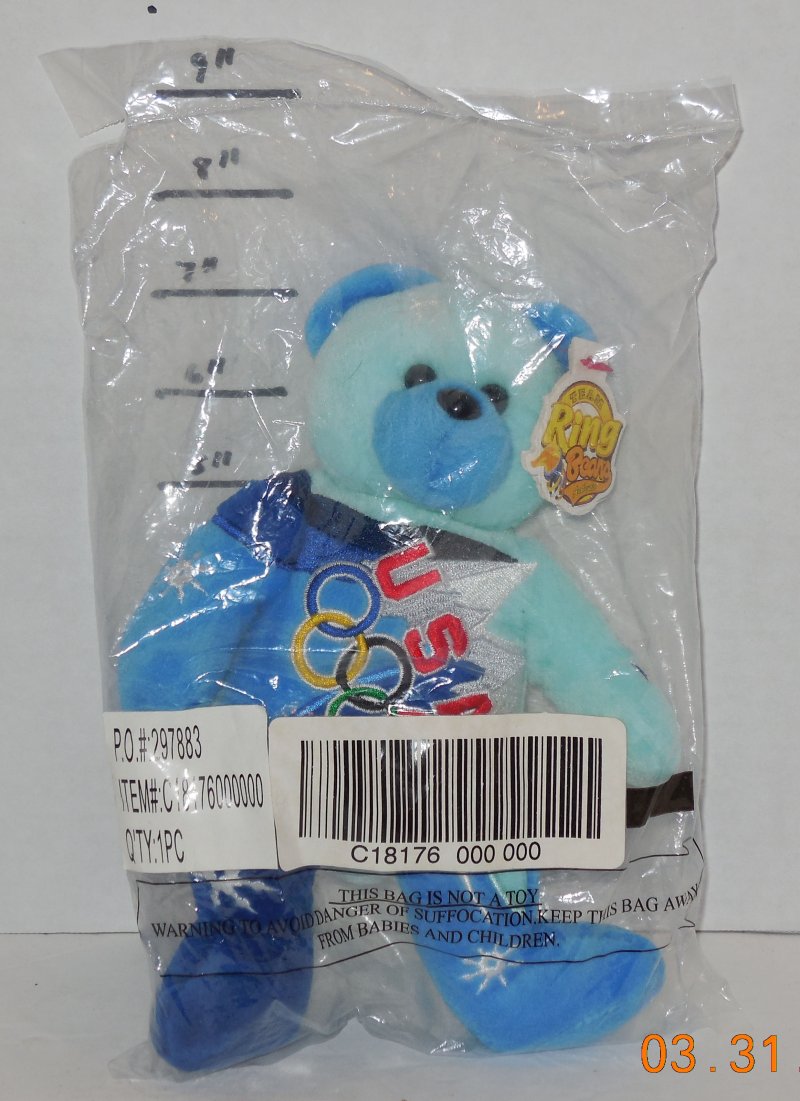 Image 0 of 2002 WINTER OLYMPICS BEAN BAG PLUSH Blue Team Ring Bear USA United States NIP