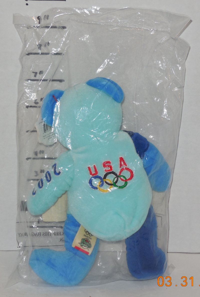Image 1 of 2002 WINTER OLYMPICS BEAN BAG PLUSH Blue Team Ring Bear USA United States NIP
