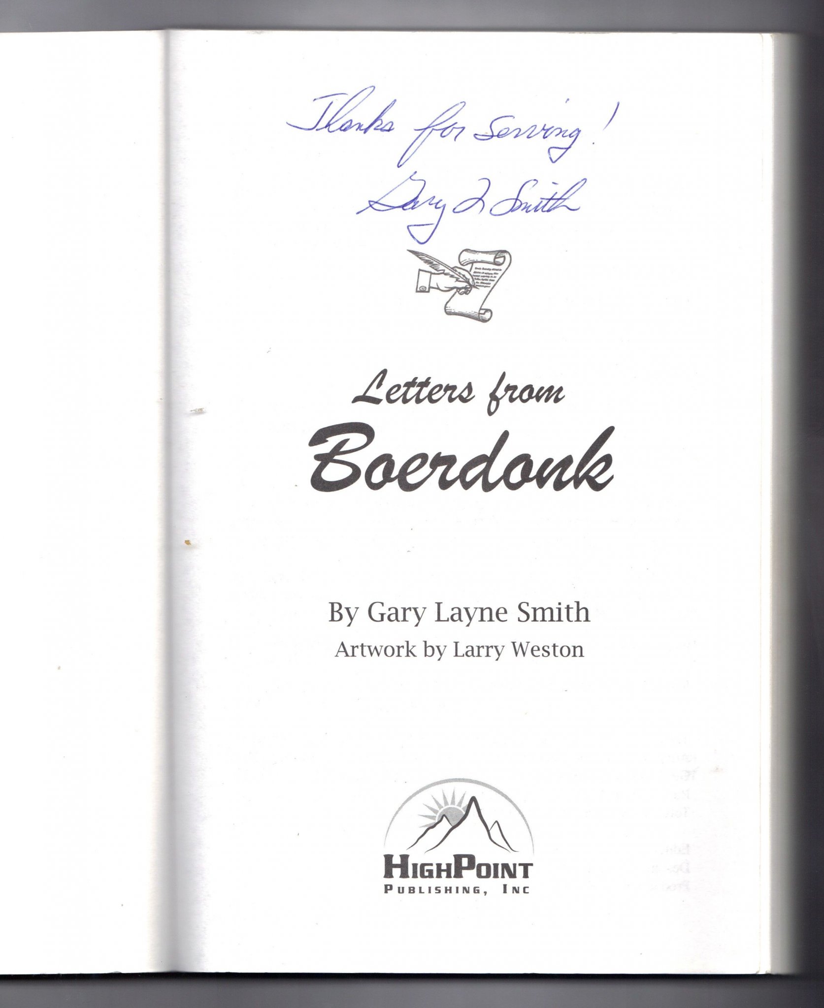 open title page showing the authentic hand-signed author autograph of Gary Layne Smith on the Letters from Boerdonk paperback book.
