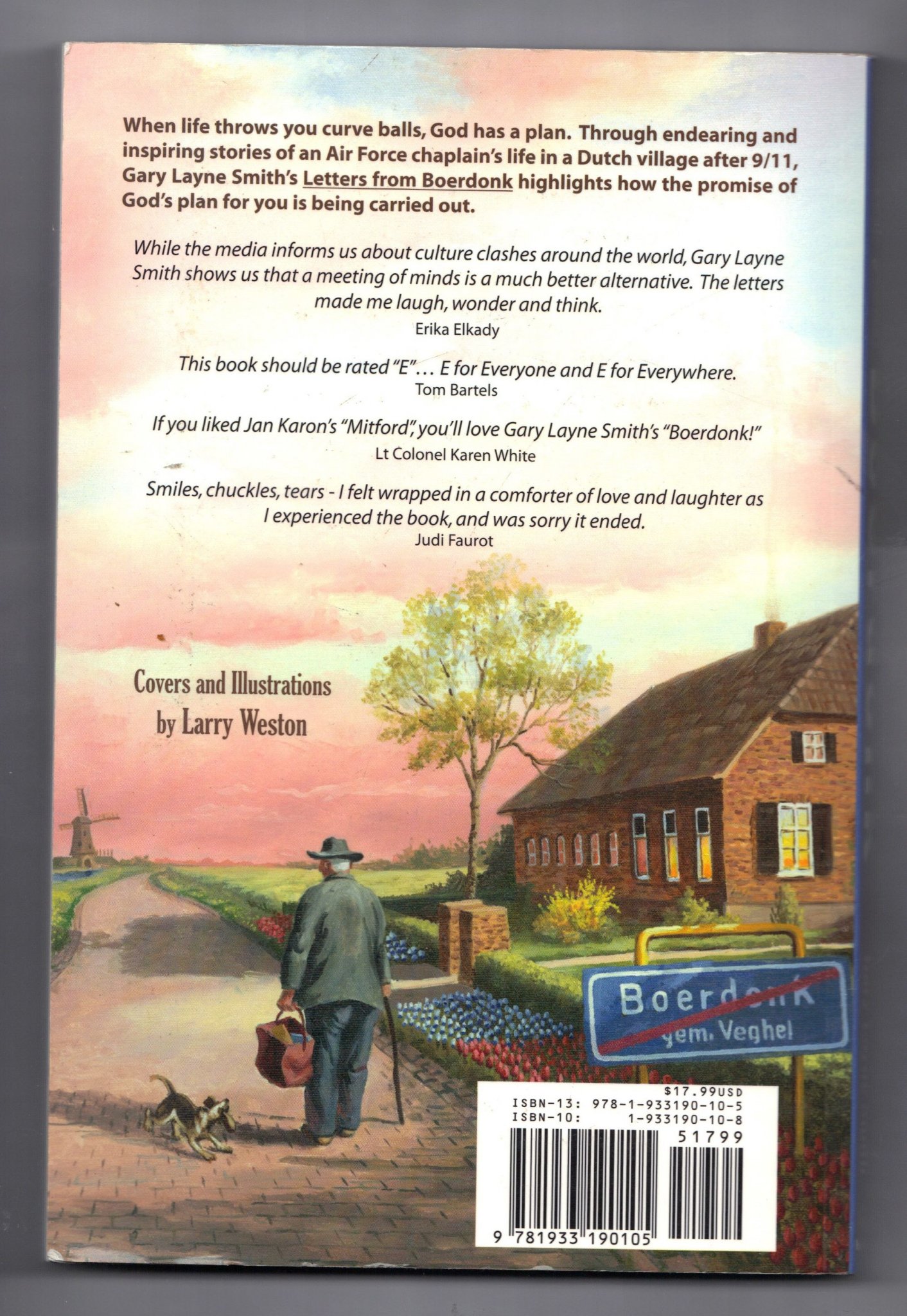 Back cover of the Letters from Boerdonk paperback book showing review quotes, publisher description, and the barcode with ISBN 9781933190105.