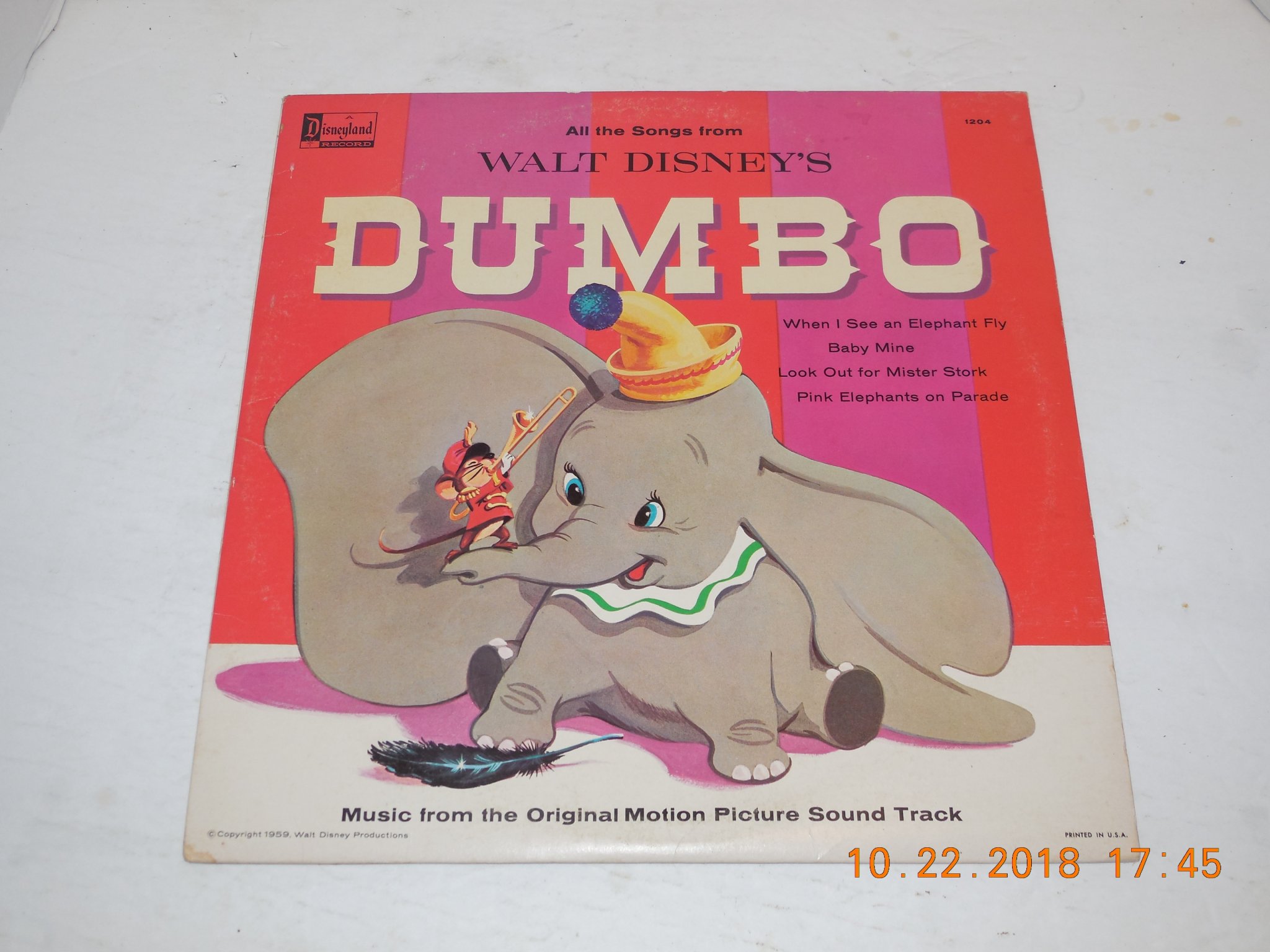 1959 Walt Disney Dumbo Vinyl LP Record Album Disneyland DQ 1204 Ephemera