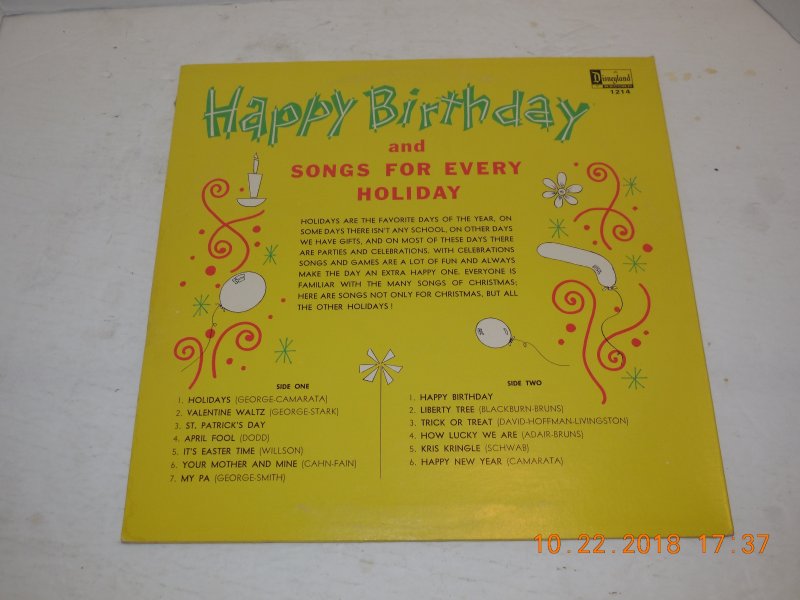 Image 1 of 1964 Disneyland Records Happy Birthday And Songs For Every Holiday LP Record OOP