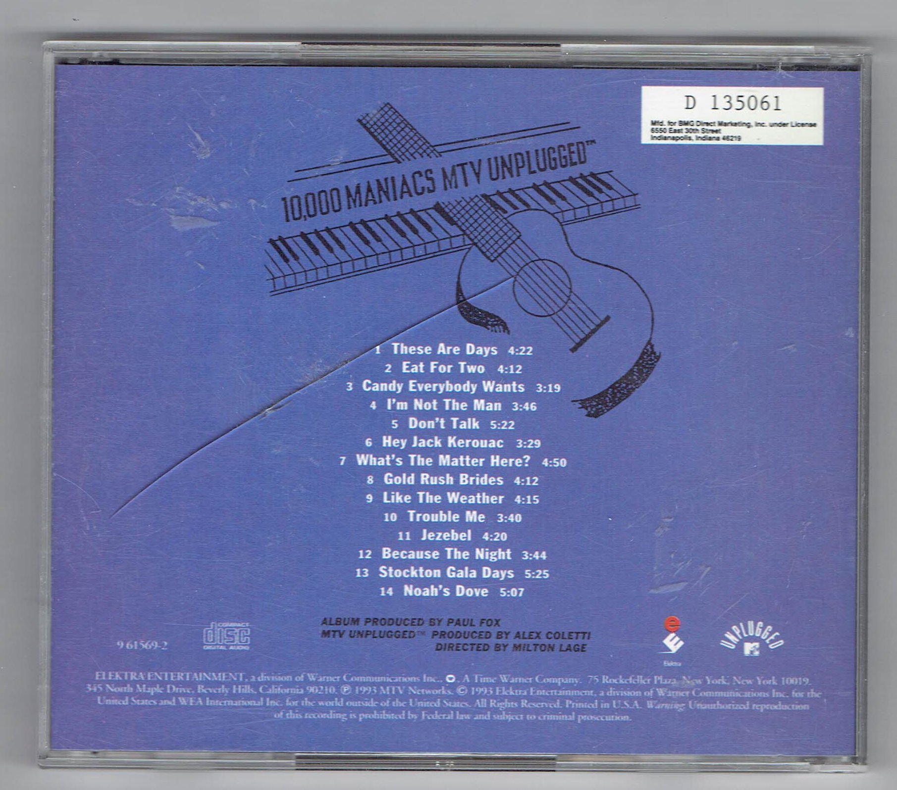 Back cover inlay card of the 10,000 Maniacs MTV Unplugged CD showing a line drawing of a piano and guitar, full tracklist, and the white BMG Direct Marketing box D135061.