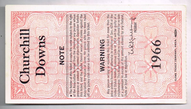 Reverse side of a pink 1966 Kentucky Derby return check check ticket stub featuring Globe Ticket Company printing text and Churchill Downs legal note.