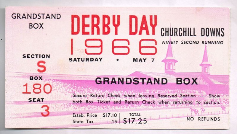 Front face of a pink 1966 Kentucky Derby ticket stub from Churchill Downs for Grandstand Box Section S, Box 180.