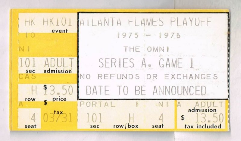 Front of a yellow 1975-1976 Atlanta Flames NHL playoff ticket stub from Series A Game 1 against the Los Angeles Kings at The Omni.