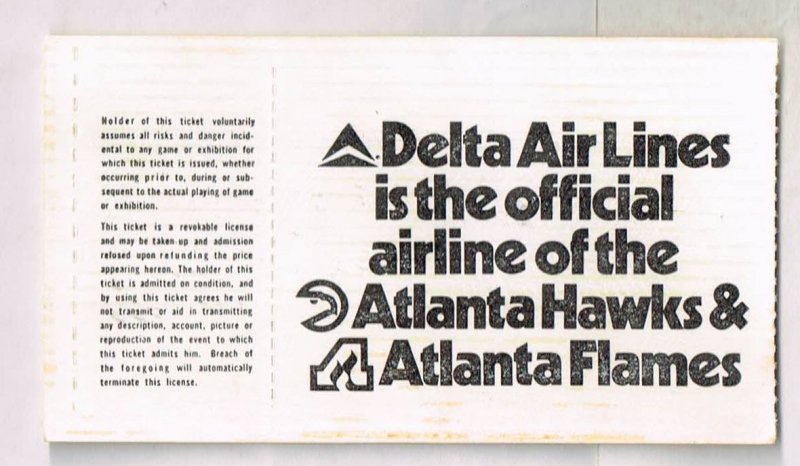 Reverse side of a 1976 Atlanta Flames hockey playoff ticket stub showing a black printed Delta Air Lines advertisement logo.