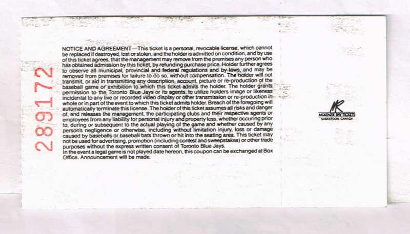 Reverse side of a 1989 Toronto Blue Jays baseball ticket stub showing a red stamped serial number and Mckenzie Tickets logo.