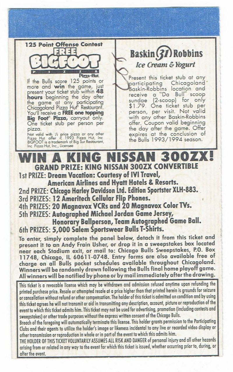 Back of a 1994 Chicago Bulls basketball playoff ticket stub showing vintage advertisements for Pizza Hut Bigfoot pizza and Baskin-Robbins.