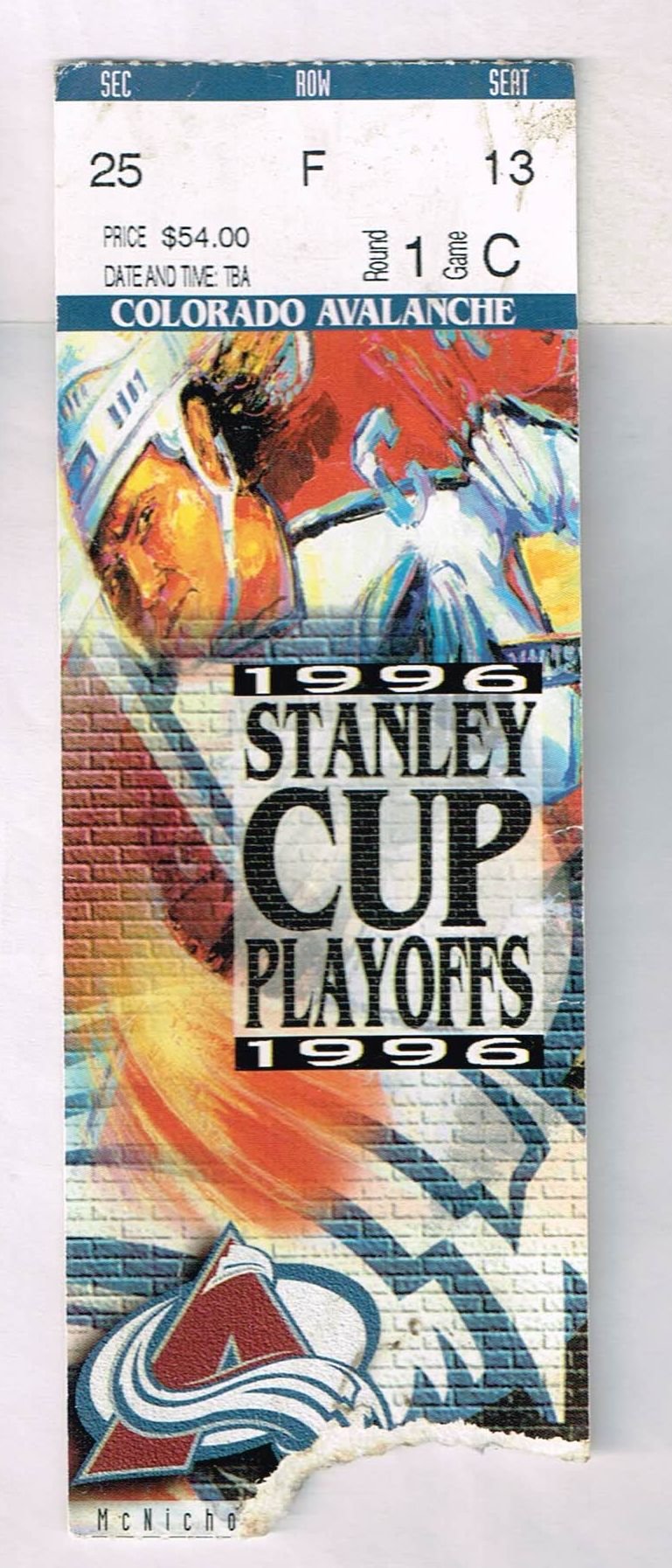 Front of an illustrated 1996 Colorado Avalanche NHL playoff ticket stub from Round 1 Game 5 against the Vancouver Canucks at McNichols Arena