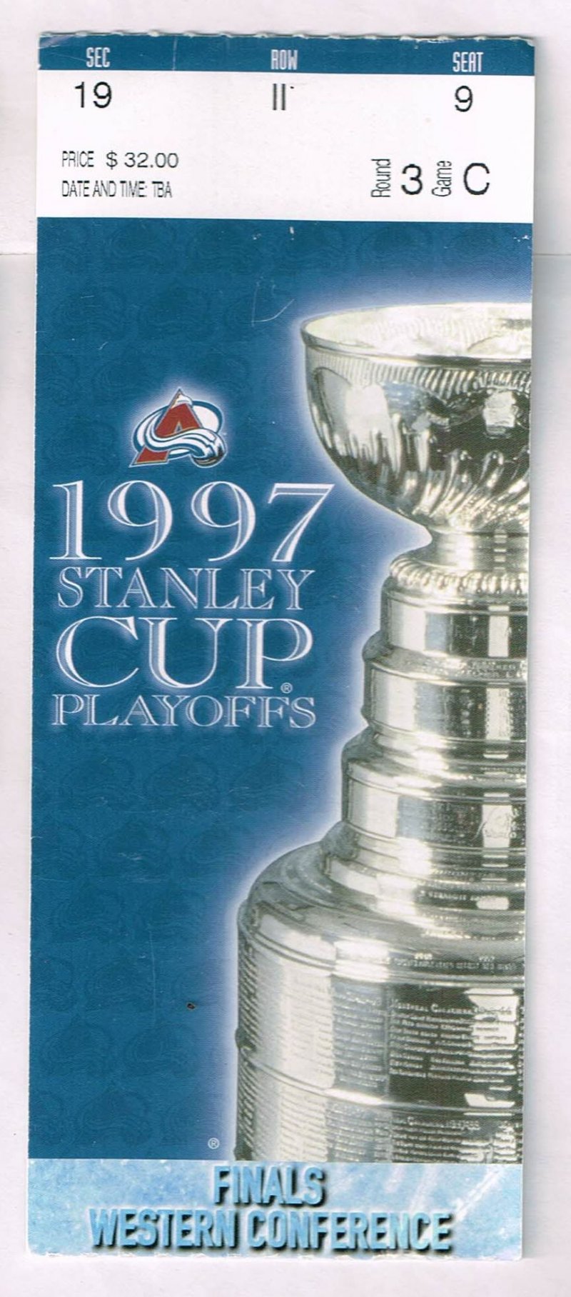 Front face of a blue 1997 Colorado Avalanche NHL playoff ticket stub from Round 3 Game 5 versus the Detroit Red Wings featuring the Stanley Cup graphic.