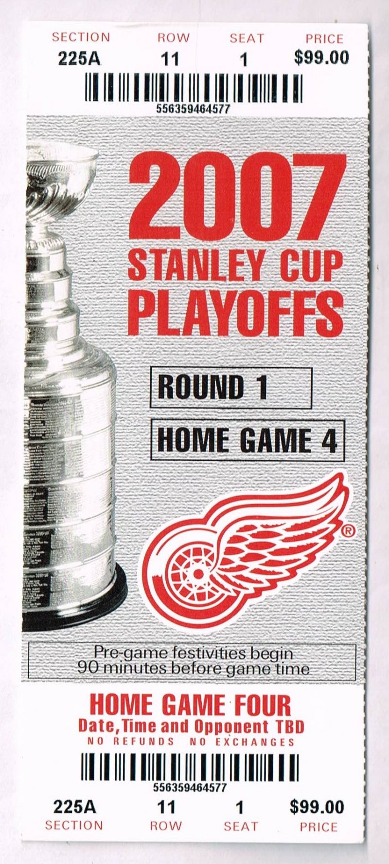 Front of a silver 2007 Detroit Red Wings NHL phantom playoff full ticket for Round 1 Home Game 4 at Joe Louis Arena.