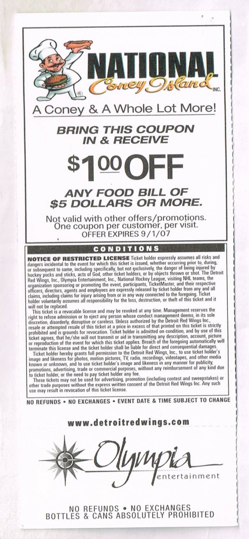 Reverse side of a 2007 Detroit Red Wings playoff phantom ticket showing a National Coney Island one dollar off food coupon.