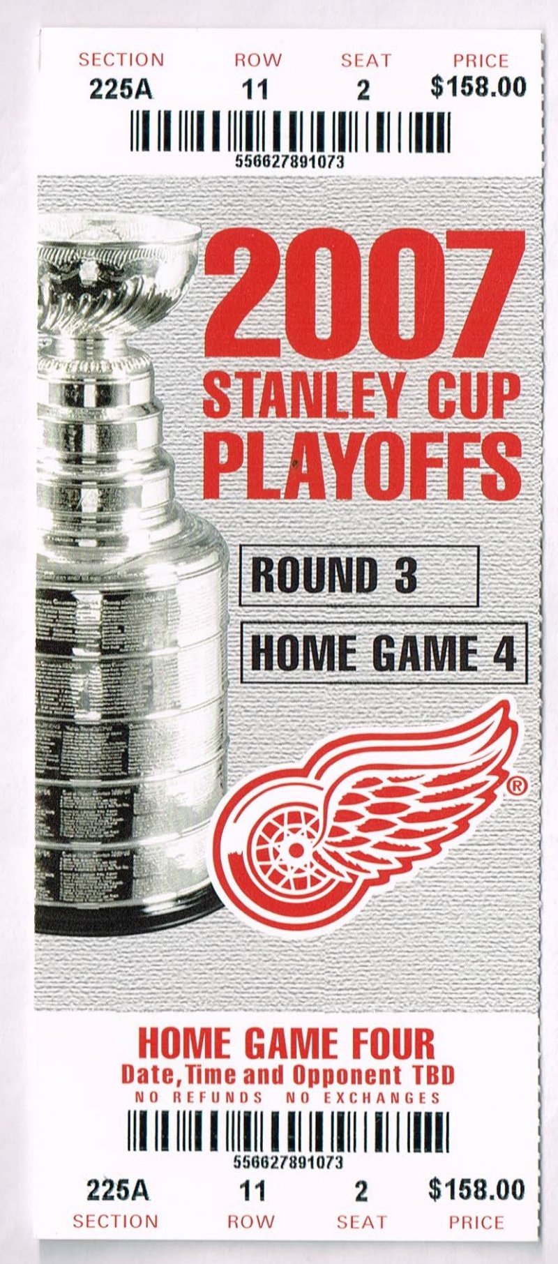 Front of a silver 2007 Detroit Red Wings NHL phantom playoff full ticket for Round 3 Home Game 4 at Joe Louis Arena.