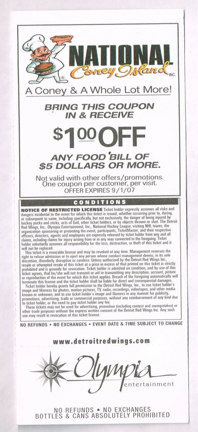 Reverse side of a 2007 Detroit Red Wings playoff phantom ticket showing a National Coney Island one dollar off food coupon.