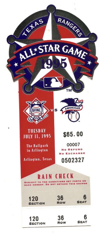 Image 0 of 1995 All Star Game Full Ticket Texas Rangers MLB baseball