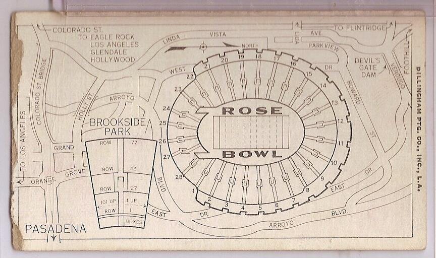 Back view of the 1937 Rose Bowl ticket stub highlighting the stadium seating map layout and stamped number 03002.